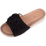 Womens Slip On Open Back Peep Toe Summer Holiday Ruffled Slider Sandal Mule - Black - UK 4 / EU 37