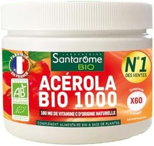 Santarome Bio - Acérola Bio 1000 - Très riche en Vitamine C naturelle - Tonifie & Renforce le Système Immunitaire - A base de plantes Bio - 60 Comprimés - Végan - Made In France