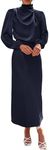 BTFBM Women's Mock Neck Satin Dress Elegant Long Sleeve Elastic High Waist Formal Wedding Cocktail Party Maxi Dresses(Solid Navy, Medium)