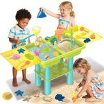 deAO Sand and Water Table for Toddlers, Outdoor Sand Water Play Table with 25PCS Beach Toys and 2 Fishing Pool Toys, Sand Pit Water Activity Table Summer Beach Garden Toy for 3+ Boys Girls (Green)