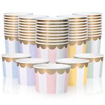 Paper Ice Cream Cups - 50-Count 9-Oz Disposable Dessert Bowls for Hot or Cold Food, 9-Ounce Party Supplies Treat Cups for Sundae, Frozen Yogurt, Soup, 5 Colors Pastel Stripes with Scalloped Gold Foil