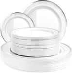 Aya's Cutlery Kingdom 100 Disposable White Plastic Plates with Silver Trim - Includes 50 Plastic Dinner Plates (10-Inch) and 50 Salad Dessert Plates (7.5-Inch) - Heavy Duty and Elegant Party Plates