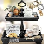 2 Tier Serving Tray - Gorgeous Coffee Table Tray [Includes 3 Changeable Handles] - Stunning Rectangle Tier Tray Decor - Kitchen Table Centerpiece - Rectangle Wooden Serving Stand (Black)