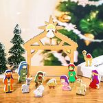 Queekay 13 Pcs Small Christmas Nativity Scene Wooden Set Mini People Nativity Set First Story Decor The Birth of Jesus Decor Xmas Religious Present Display Tabletop for Kids Family