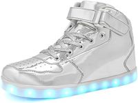 Wooowyet Kids LED Sneakers for Boys Hook&Loop Low Light Up Shoes LED Girls USB Recharging, Silver High Top, 10 Toddler