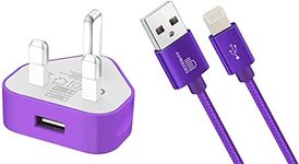 AMO USB Charger Plug UK, USB Plug Adapter Data Cable 1 Metre Compatible For iOSiPhones 5 5S 5C SE 7 8 X XS XR 11 12 13 14 i Pad iOSiPod Air Pods (Purple 1Amp)