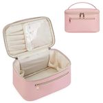 Makeup Bag Travel Cosmetic Bags with Brush Compartment Large Portable Make Up Bag with Handle PU Leather Water-Resistant Makeup Organiser Case for Women, Pink (Patent Pending)