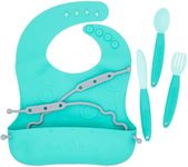 BUSY BABY Bungee Bib & Utensil Set – Adjustable Silicone Bib with Pocket & Tethered Utensils for Babies & Toddlers