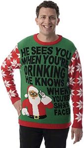 #followme Mens Ugly Christmas Sweater - Sweaters for Men, Green - Santa Sees You, 3X-Large