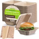 Clamshell Take Out Food Containers with Oil Paper, 6x6" 50-Pack Heavy-Duty Quality to go Containers, Natural Disposable Bagasse, Eco-Friendly Biodegradable Made of Sugar Cane Fibers