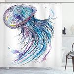 Ambesonne Jellyfish Shower Curtain Set, Aqua Colors Artsy Ocean Animal Print Sketch Style Creative Sea Maritime Theme, Fabric Bathroom Decor with Hooks, 75 Inches Long, Blue Purple White