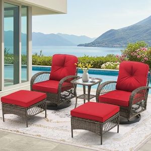 EROMMY 5 Pieces Outdoor Swivel Rocker Patio Chairs, 360 Degree Rocking Patio Conversation Set with Thickened Cushions, Glass Coffee Table and Ottomans for Backyard, Wine Red