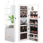 COSTWAY LED Lights Jewellery Cabinet Armoire, Door Hanging/Wall Mounted Jewelry Organiser with Full-Length Mirror, Home Bedroom Dressing Cosmetics Jewellery Storage Unit Gift (White)