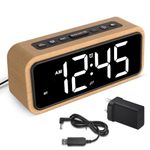 Loud Alarm Clocks Bedside, Wooden Alarm Clock with 12 Alarm Sounds, 5 Volumes, 5 Brightness, LED Display, Snooze, Manual DST, Loud Alarm Clocks for Bedroom Living Room, Mains Powered (Beech-White)