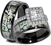 His & Her Black Titanium Camo Sterling Silver Engagement Wedding Ring Set (Size Men 12; Women 7)