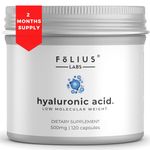 FOLIUS LABS Ultra High Purity Hyaluronic Acid Capsules 500mg - 95% Sodium Hyaluronate - Highly Purified and Bioavailable - Low Molecular Weight - Non-GMO Fermented - 120 Capsules