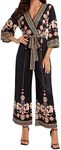 Verdusa Women's Boho Floral High Waist Belted Wrap Wide Leg Jumpsuit Culotte Black XXL