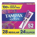 Tampax Radiant Tampons Duo Pack with LeakGuard Braid, Regular/Super Absorbency, Unscented, 52 Count