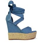 ESSEX GLAM Womens Lace Up Wedge Sandals Ladies High Heel Platform Strappy Peeptoe Shoes Size Denim