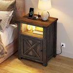 YITAHOME Nightstand with Charging Station and LED Lights, End Table Side Table with Storage Cabinet for Bedroom, Farmhouse Night Stands Bedside Table with Barn Door & Storage Shelf, Dark Rustic Oak