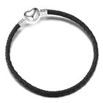 OutstandLong 3mm Black Leather Bracelet Heart Barrel Snap Clasp Handmade Braided Wristband for Pandora European Charm Bead DIY Jewelry 18CM