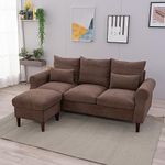 Panana 3 Seater with Footstool Small Sofa Set, Sectional Sofa Loveseat with Ottoman for Small Space Living Room Apartment, Brown Linen Fabric