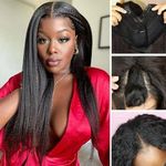 Yaki V Part Wig Human Hair Wigs for Black Women Kinky Straight V Part Wig 12A Virgin Hair No Lace Upgrade U Part Human Hair Wigs Full Head Clip in Half Wig V Shape Wigs (22inch)