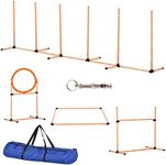 PawHut Pet Agility Training Equipment Dog Play Run Jump Hurdle Bar Obedience Training Set with Adjustable Height Jump Ring High Jumper Weave Poles Square Pause Box Carry Bag Whistle