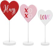 3 Pieces Valentine's Day Heart Shaped Wooden Table Decor with Base Heart Ornaments Valentine's Day Wooden Signs XOXO Love Hugs Tabletop Decoration for Tiered Tray Wedding Decor