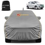 AUTOMOZEXO Tata XpressT Car Cover with Mirror & Antena Pocket Waterproof Inner Cotton Layer Adjustable Belt Bottom Elastic Triple Stitched Cover to Secure fit and Protect from Indian Climates (Grey)