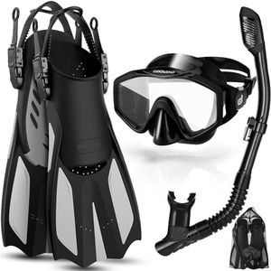 Odoland Snorkel Kit 3 en 1 con Gafas Buceo Vista Panorámica de 180°, Tubo Snorkel Dry, Aletas de Natación, Kit Gafas Snorkel y Tubo para Adultos Adolescentes, Negro, S/M