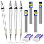 Tikplus Mechanical Pencil Set, 0.3, 0.5, 0.7, 0.9mm, Automatic Pencil, 4 Pcs Pencils with with 64pcs Lead Refills and 2 Rubber, for Students Writing,Skeching,Drawing (White)