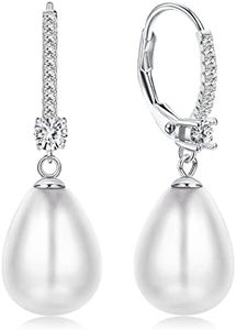 JeweBella Boucles d'Oreilles Perle en Argent Sterling 925 Hypoallergénique Boucles d'Oreilles Créoles avec Pendentif Perle Boucles d'Oreilles Pendantes Perles Boucles d'Oreilles Femme Argent