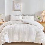 WARMDERN White Boho Duvet Cover Set King Size, Striped Textured Duvet Cover Tufted Bedding Set, 3 Pcs Ultra Soft Washed Microfiber Duvet Cover with Zipper Closure (Queen, White)