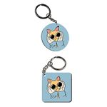 Plan To Gift Set of 2 | Circle & Square Shape Printed Wooden Keychains Brown Cat Blue | Circle & Square Shape keyrings | Circle & Square Shape Keychains| Printed keyrings