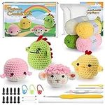 RQWZBCHX 4 Pattern Animals Crochet Kit for Beginners Adult Kids, All in One Crochet Starters Set Chicken, Whale, Sheep, Dinosaur with Video Instruction, Yarns, Crochet Hook, Accessories