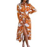 Gufrina Women's Full Sleeve Collar Neck Western Dress - Floral Print Maxi Dress with Slit and Tie-Up Belt (Orange XXL)