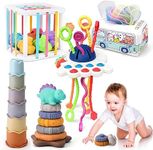 Syahro 5 in 1 Baby Montessori Toys Set Include Shape Sorter Bin with Sound, Baby Tissue Box, Stacking Cups, Pull String Toy, Soft Stacking Rings, Sensory Toys for Infants Toddlers