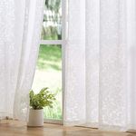 Sheer White Curtains for Bedroom with Scroll Leaf Pattern 95" Long Transparent Rod Pocket Voile Window Draperies 54" x2Panels