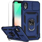 for iPhone XR Case with Camera Lens Cover HD Screen Protector, Dual Layer [15 FT Military Grade Drop Protection] Magnetic Ring Holder Kickstand Protective Phone Case for iPhone XR 6.1 inch (Navy Blue)