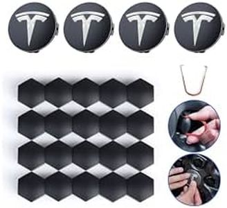 Wheel Center Caps for Tesla Model 3/Y/S/X Latest Version, 4PCS Hub Cap Center Cover Emblem Kit with 20 Lug Nut Covers & Removal Tool, Matte Black Silver Logo, ABS Waterproof Anti-Rust Dustproof Tesla
