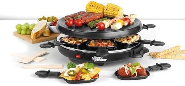 Giles & Posner Electric Round Raclette Grill - Indoor Tabletop 6 Person Raclette, Non-Stick Grill Pans, Includes Spatulas, Approx. Plate Size 29 cm, 800 W, Party Food Machine, Buffet