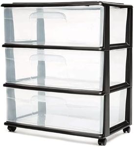HOMZ Plastic 3 Drawer Wide Cart, Black Frame, Clear Drawers, 4 Casters included, Set of 1