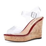 Aachcol Women Clear Platform Wedge Sandals Round Peep Open Toe Sexy Ankle Strap Slingback Two-Piece Chunky Block High Heel Dress Shoes Pumps Party Patent 4 Inch, Burgundy Red, 12.5