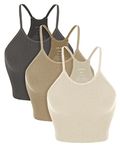 ODODOS Women's Crop 3-Pack Seamless Camisole Rib-Knit Strappy Racerback Cropped Tops, Mushroom Taupe Charcoal, X-Large/XX-Large