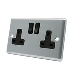 AET CSC2GSOCBL Satin Chrome Classical 2 Gang Black Insert Plastic Rocker Switches-13 Amp Double Plug Socket, 240 V