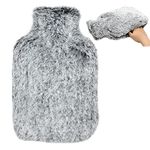 OWOZOI Fluffy Hot Water Bottle, Soft Furry Cover with Hand Pocket, 2L Large Capacity, Hot Water Bag for Pain Relief, Period Cramps, Back, Shoulder, Neck, Arthritis, Bed Warmer(Silver Grey)