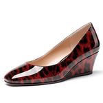 WAYDERNS Women's Slip On Patent Leather Square Toe Low Heel Wedge Pumps Shoes 2 Inch, Red Leopard, 5.5