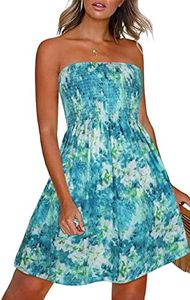 CHICGAL Strapless Dress for Women Summer Beach Dress Flowy Bandeaus Dress Smocked Sundress(Blue Green Tie-dye,2XL)