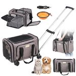 VEVOR Cat Carrier with Wheels, Airline Approved Rolling Pet Carrier with Telescopic Handle and Shoulder Strap, Dog Carrier with Wheels for Pets under 25 lbs, with 1 Folding Bowl, Grey